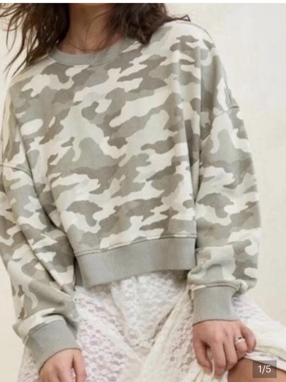 Aerie Take it Easy Cropped Camo Crew Sweatshirt Size L